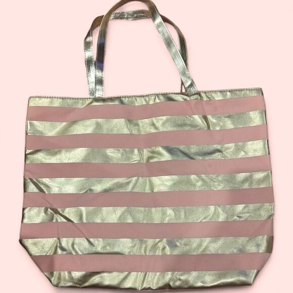 Macy’s Pink Gold Striped Tote Beach Bag - Picture 2 of 5
